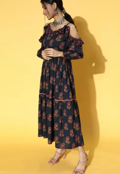 Printed Cotton Maxi Dress in Navy Blue