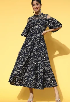 Printed Cotton Maxi Dress in Navy Blue