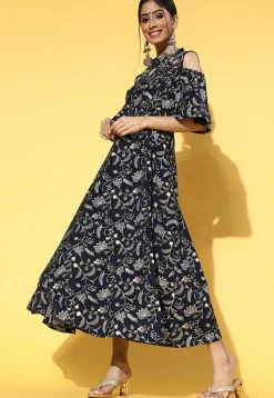 Printed Cotton Maxi Dress in Navy Blue
