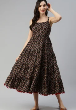 Printed Cotton Midi Dress in Black