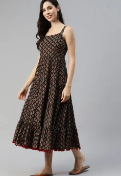 Printed Cotton Midi Dress in Black
