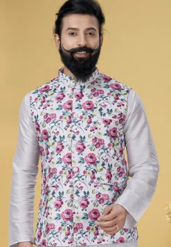 Printed Cotton Nehru Jacket in Off White and Pink