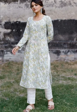 Printed Cotton Pakistani Suit in Off White