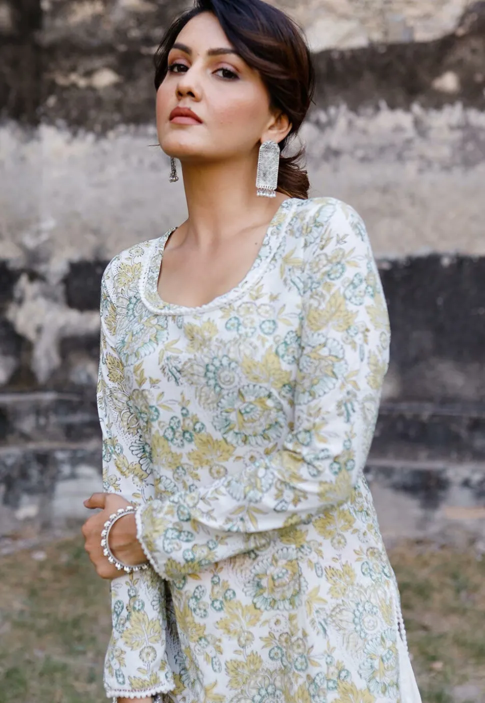 Printed Cotton Pakistani Suit in Off White