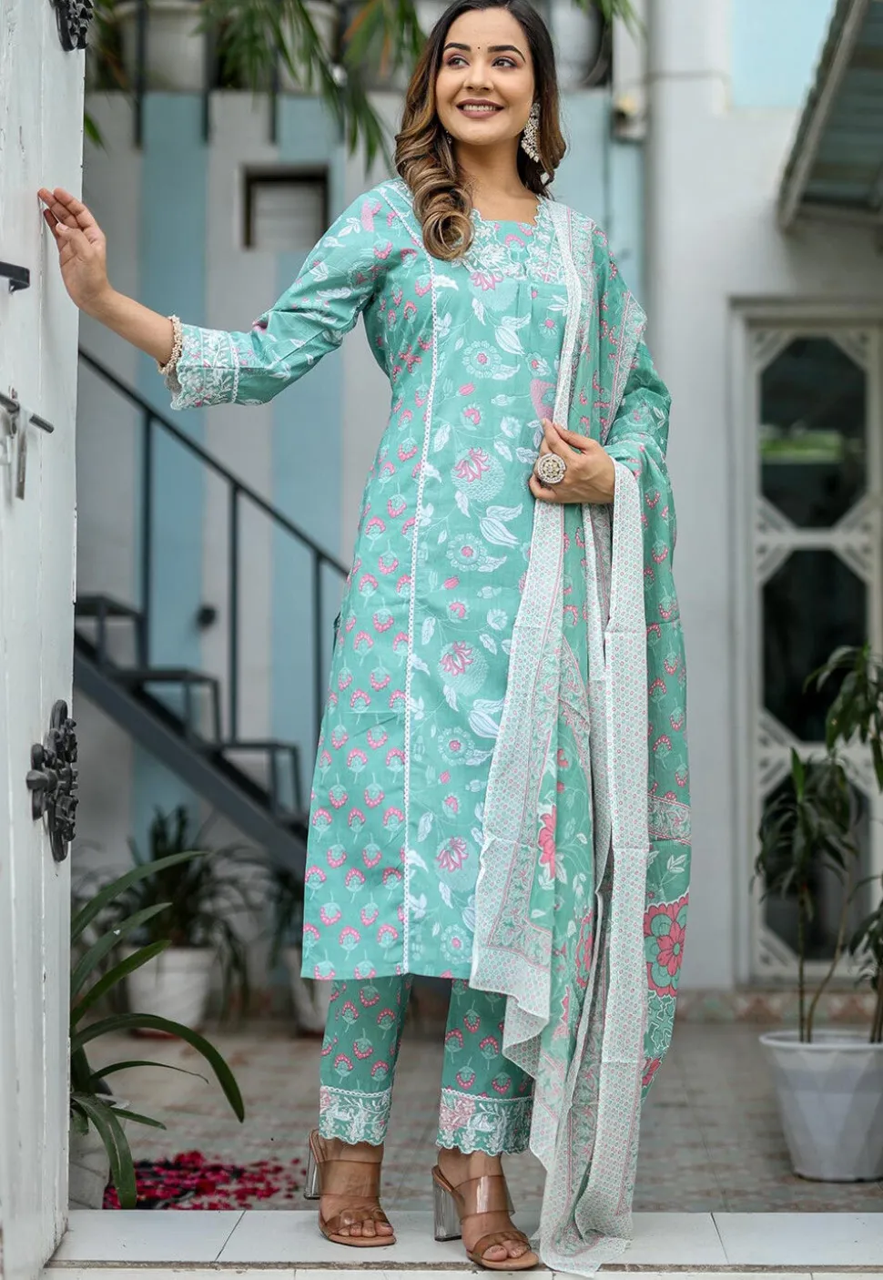 Printed Cotton Pakistani Suit in Light Green