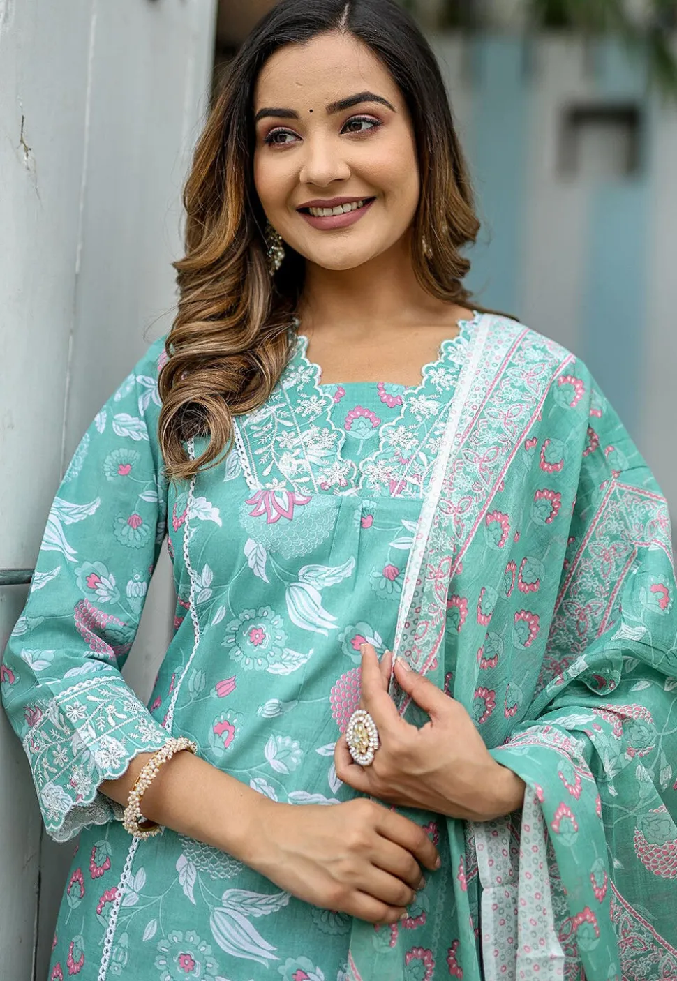 Printed Cotton Pakistani Suit in Light Green