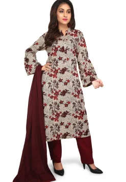 Printed Cotton Pakistani Suit in Light Beige and Multicolor