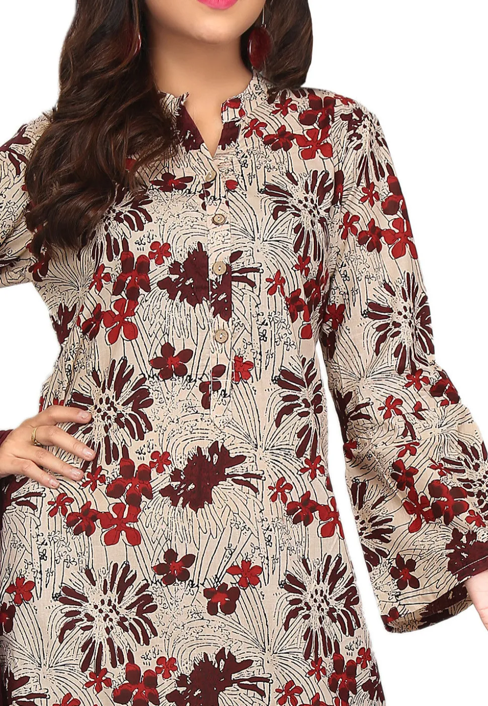 Printed Cotton Pakistani Suit in Light Beige and Multicolor