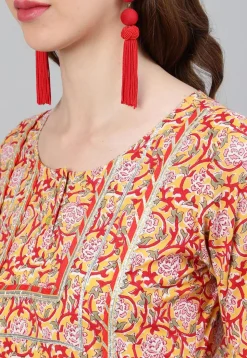 Printed Cotton Pakistani Suit in Mustard and Red
