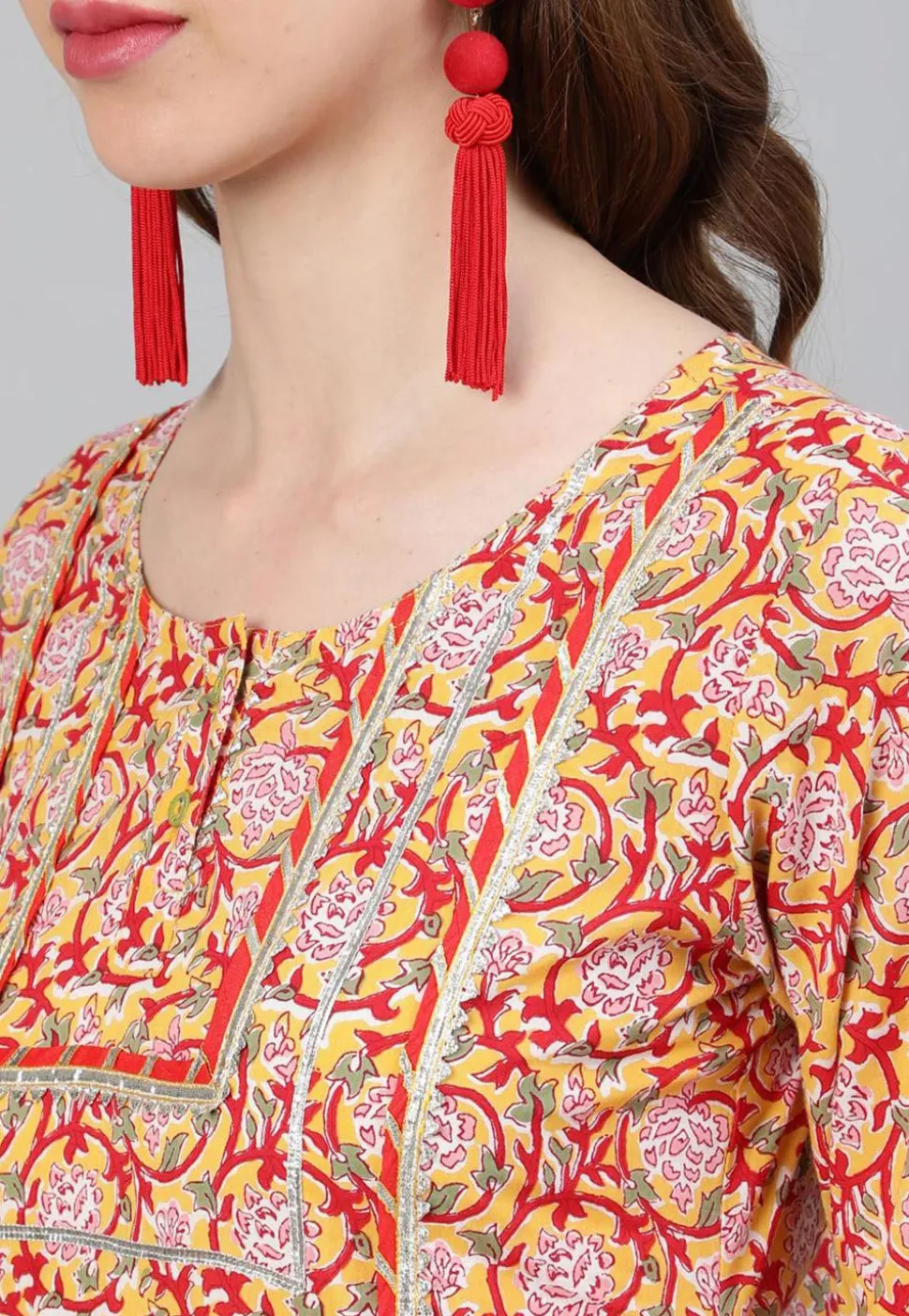 Printed Cotton Pakistani Suit in Mustard and Red