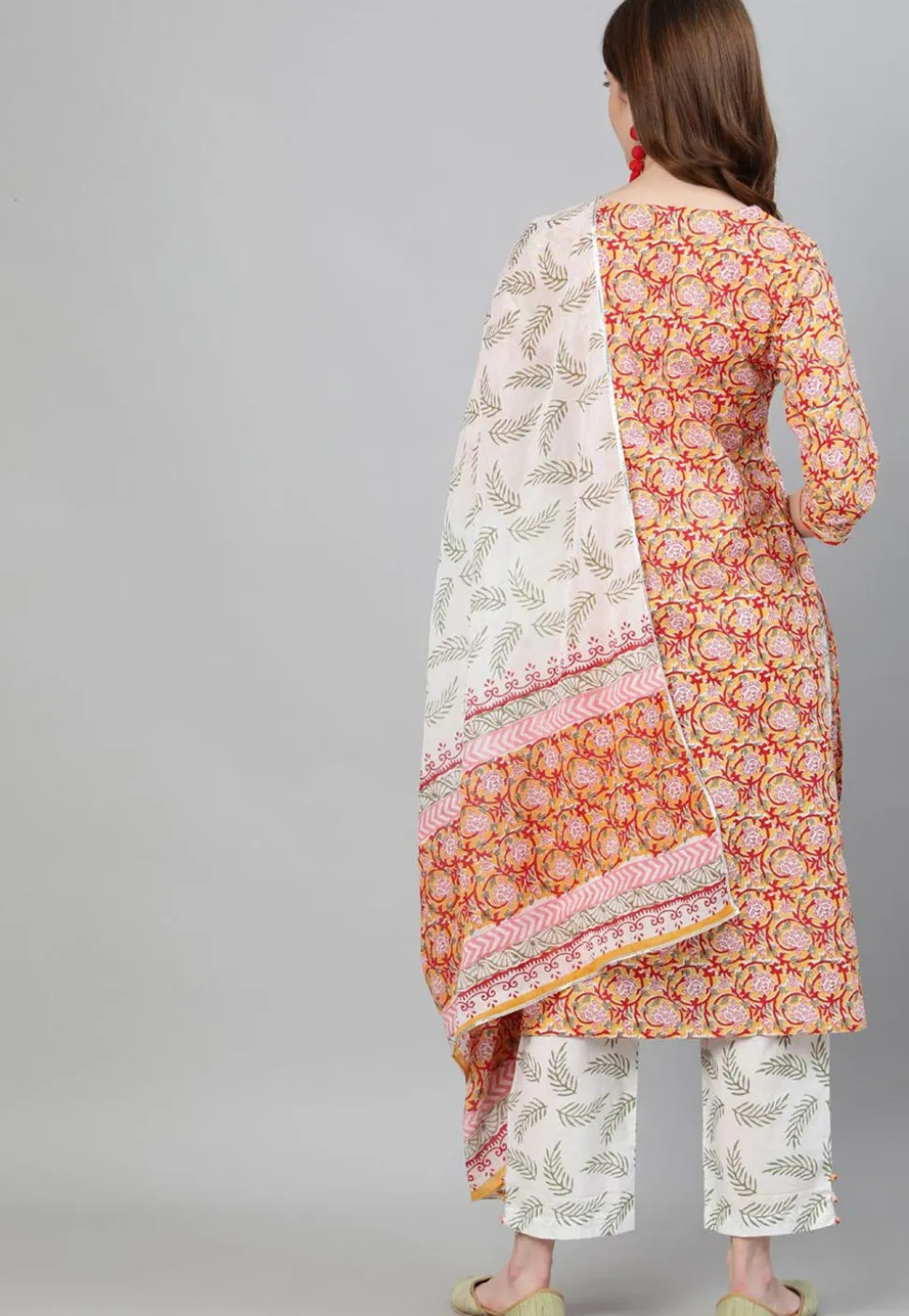 Printed Cotton Pakistani Suit in Mustard and Red
