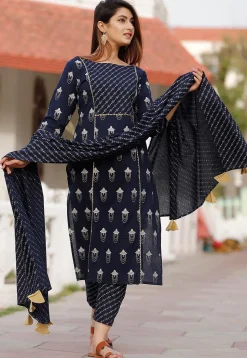 Printed Cotton Pakistani Suit in Navy Blue