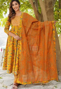 Printed Cotton Pakistani Suit in Mustard