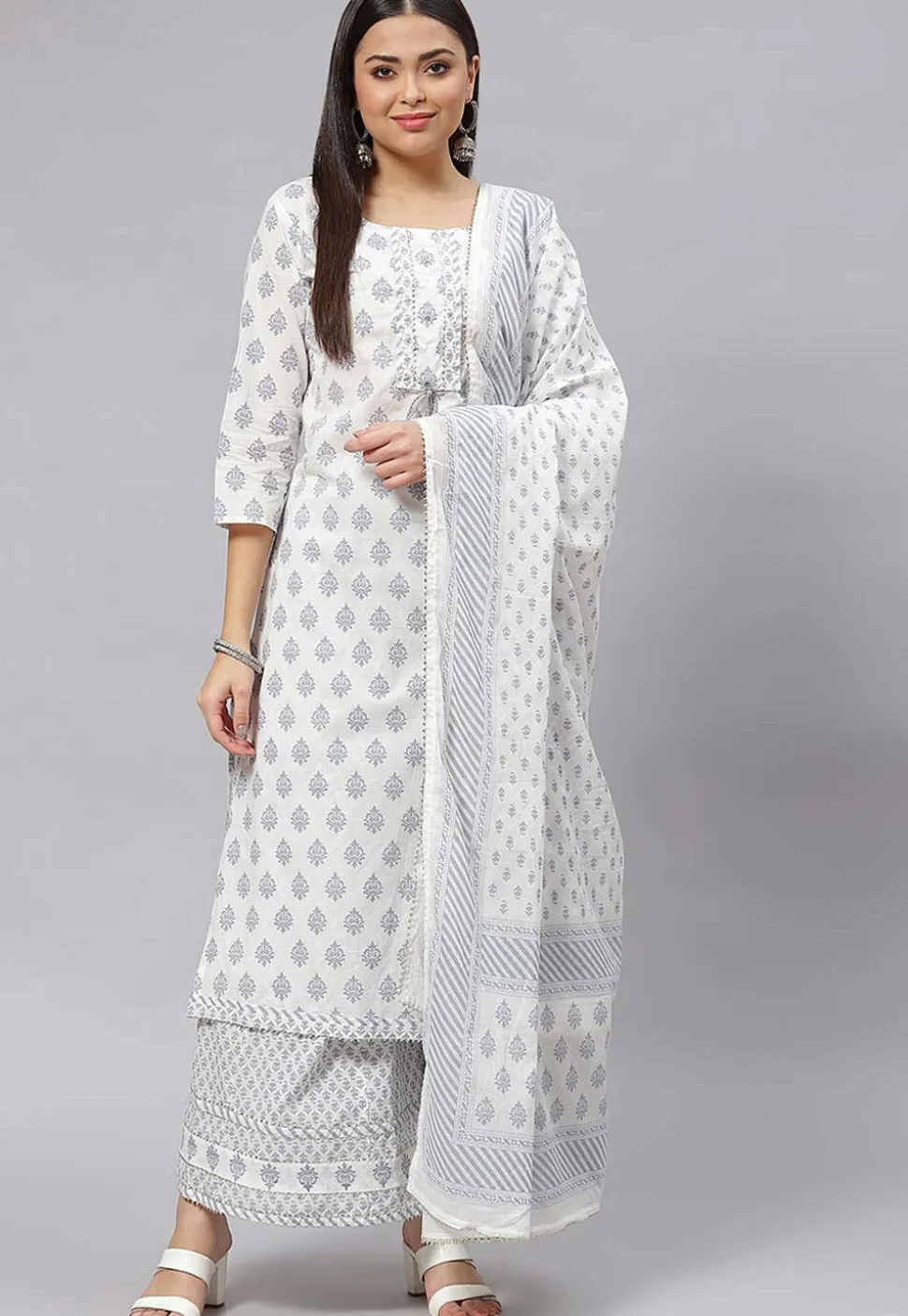 Printed Cotton Pakistani Suit in White