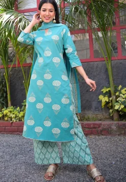 Printed Cotton Pakistani Suit in Sky Blue