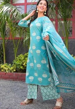Printed Cotton Pakistani Suit in Sky Blue