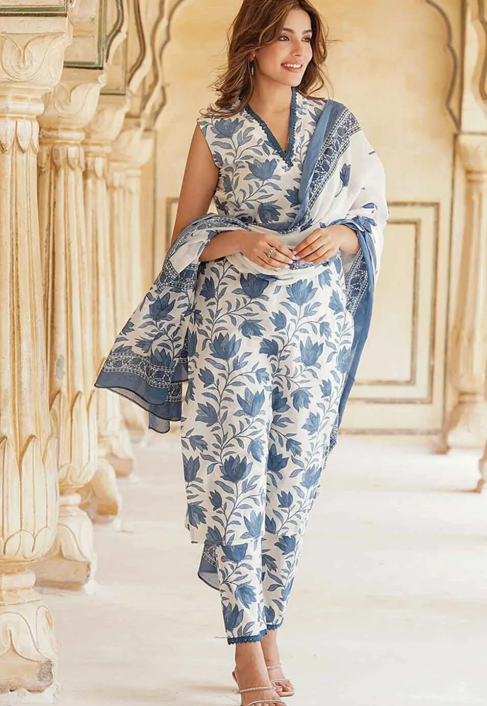 Printed Cotton Pakistani Suit in White