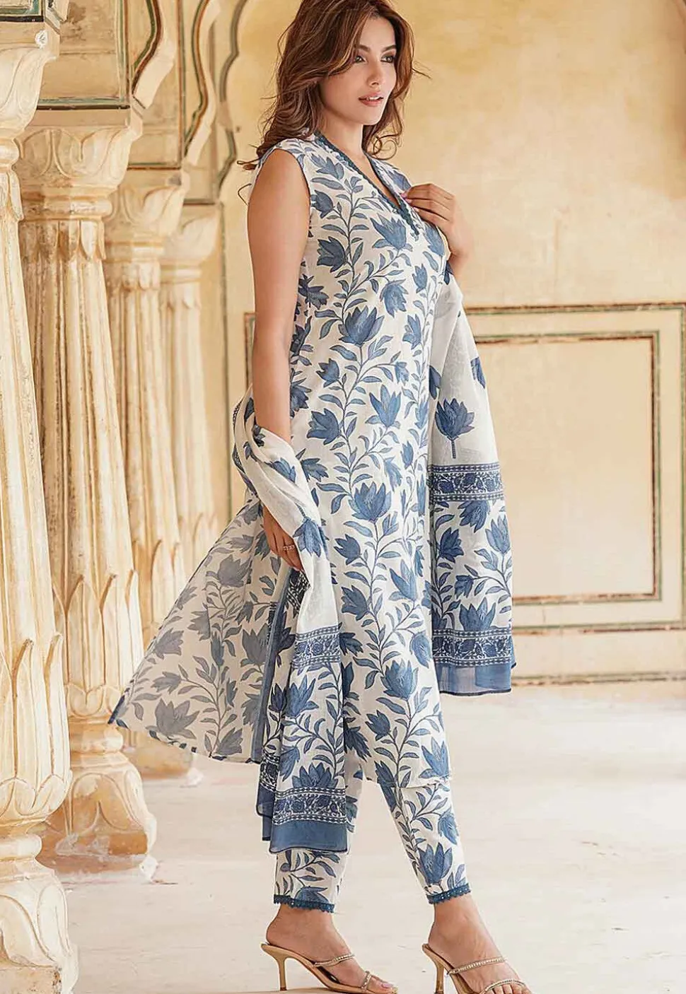 Printed Cotton Pakistani Suit in White