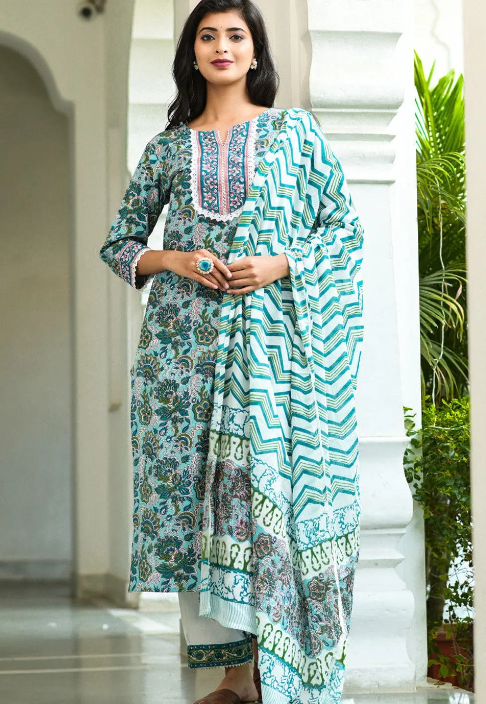 Printed Cotton Pakistani Suit in Sky Blue