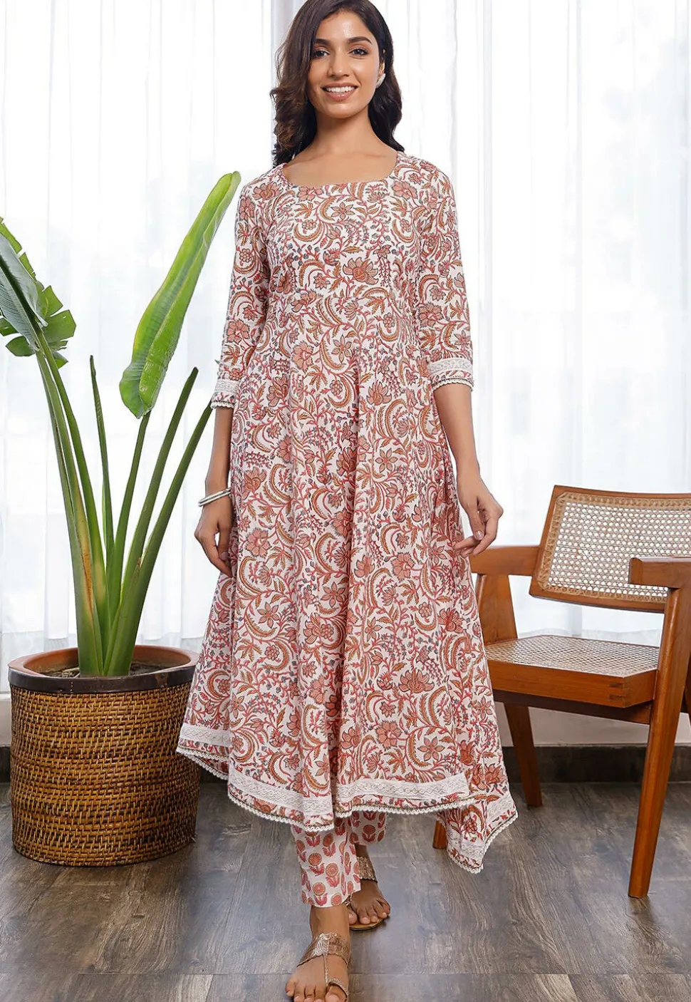 Printed Cotton Pakistani Suit in Off White