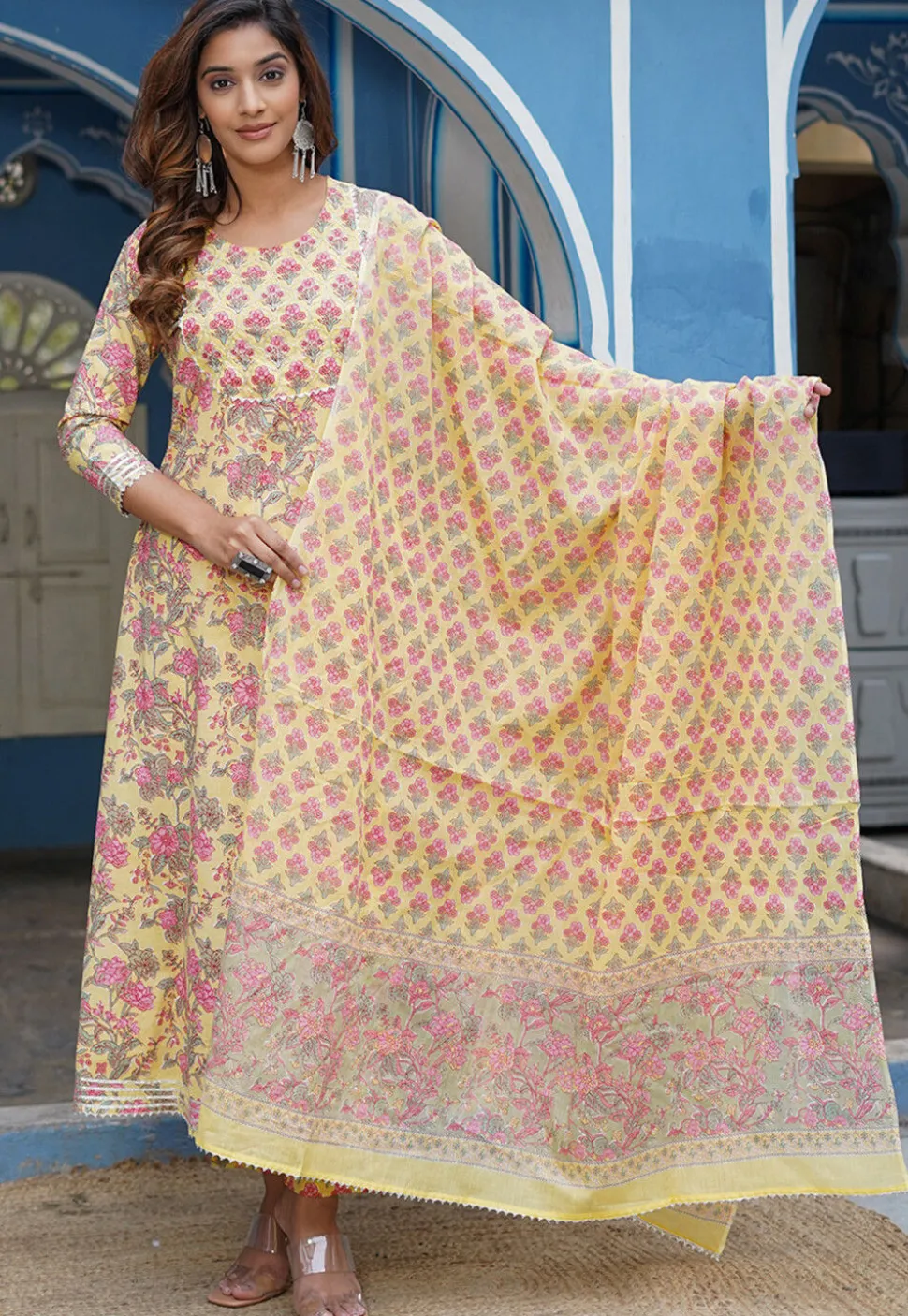 Printed Cotton Pakistani Suit in Light Yellow