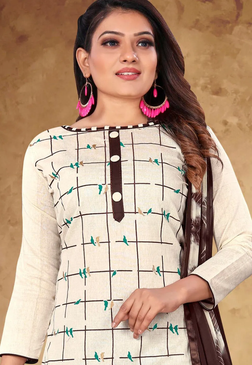 Printed Cotton Pakistani Suit in Off White