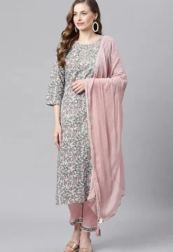 Printed Cotton Pakistani Suit in Light Grey