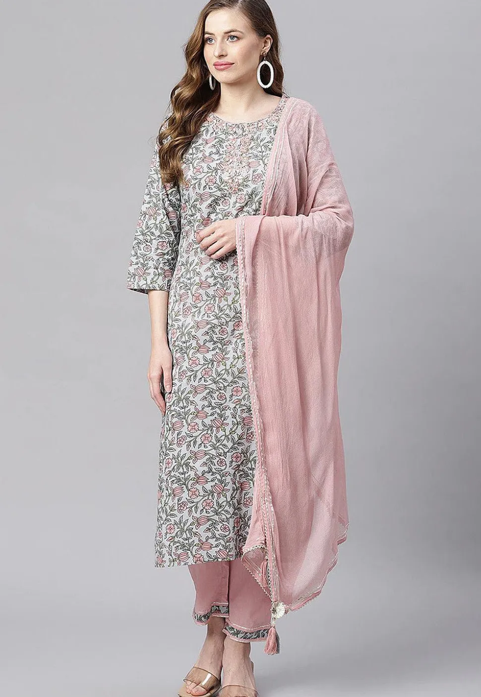 Printed Cotton Pakistani Suit in Light Grey