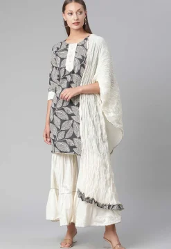 Printed Cotton Pakistani Suit in Dark Grey and Off White