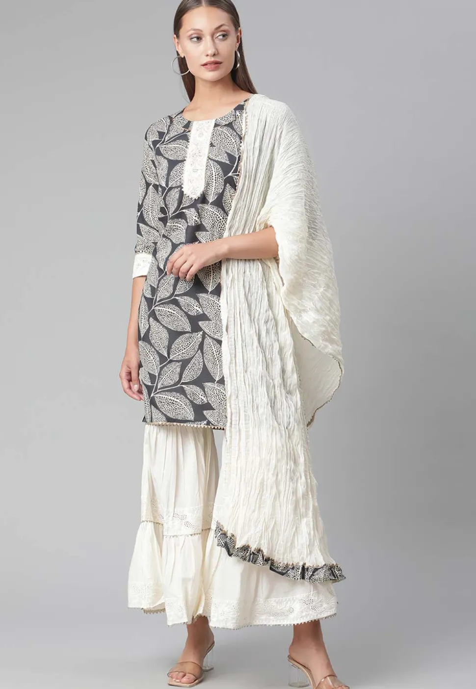Printed Cotton Pakistani Suit in Dark Grey and Off White