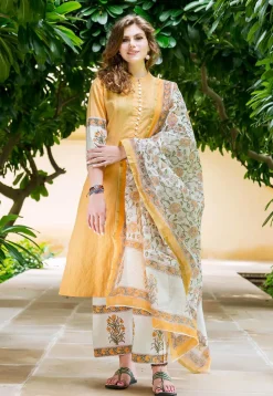 Printed Cotton Pakistani Suit in Mustard