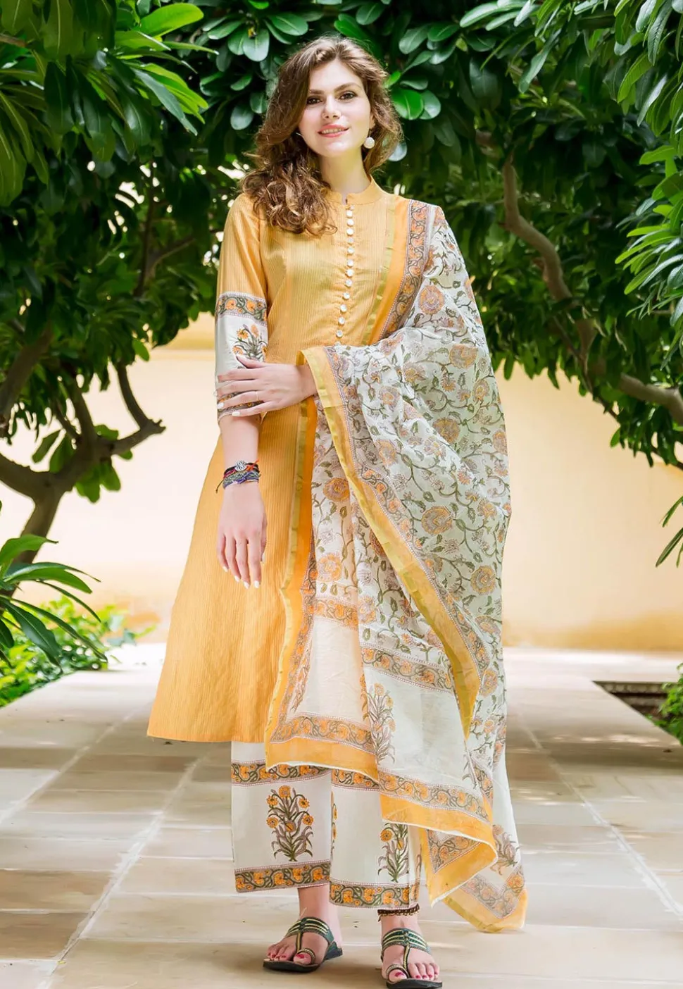 Printed Cotton Pakistani Suit in Mustard