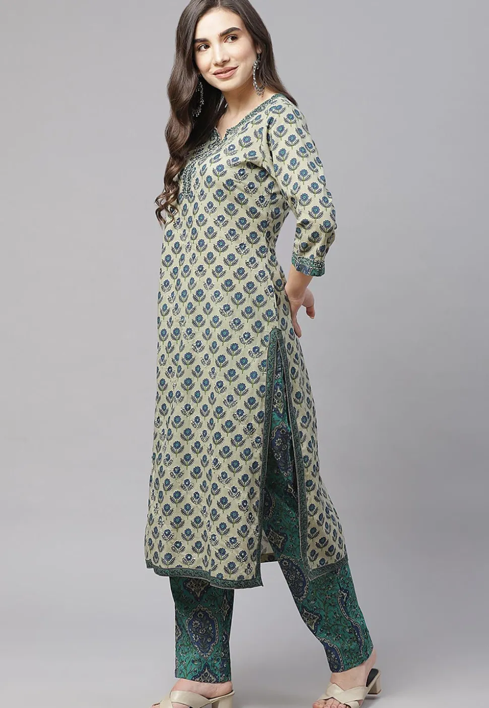 Printed Cotton Pakistani Suit in Light Fawn