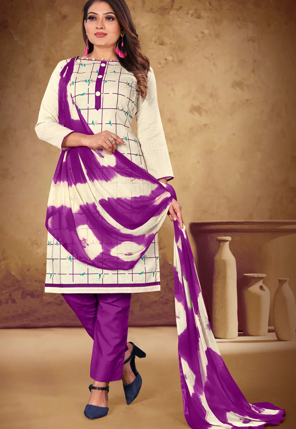 Printed Cotton Pakistani Suit in Off White