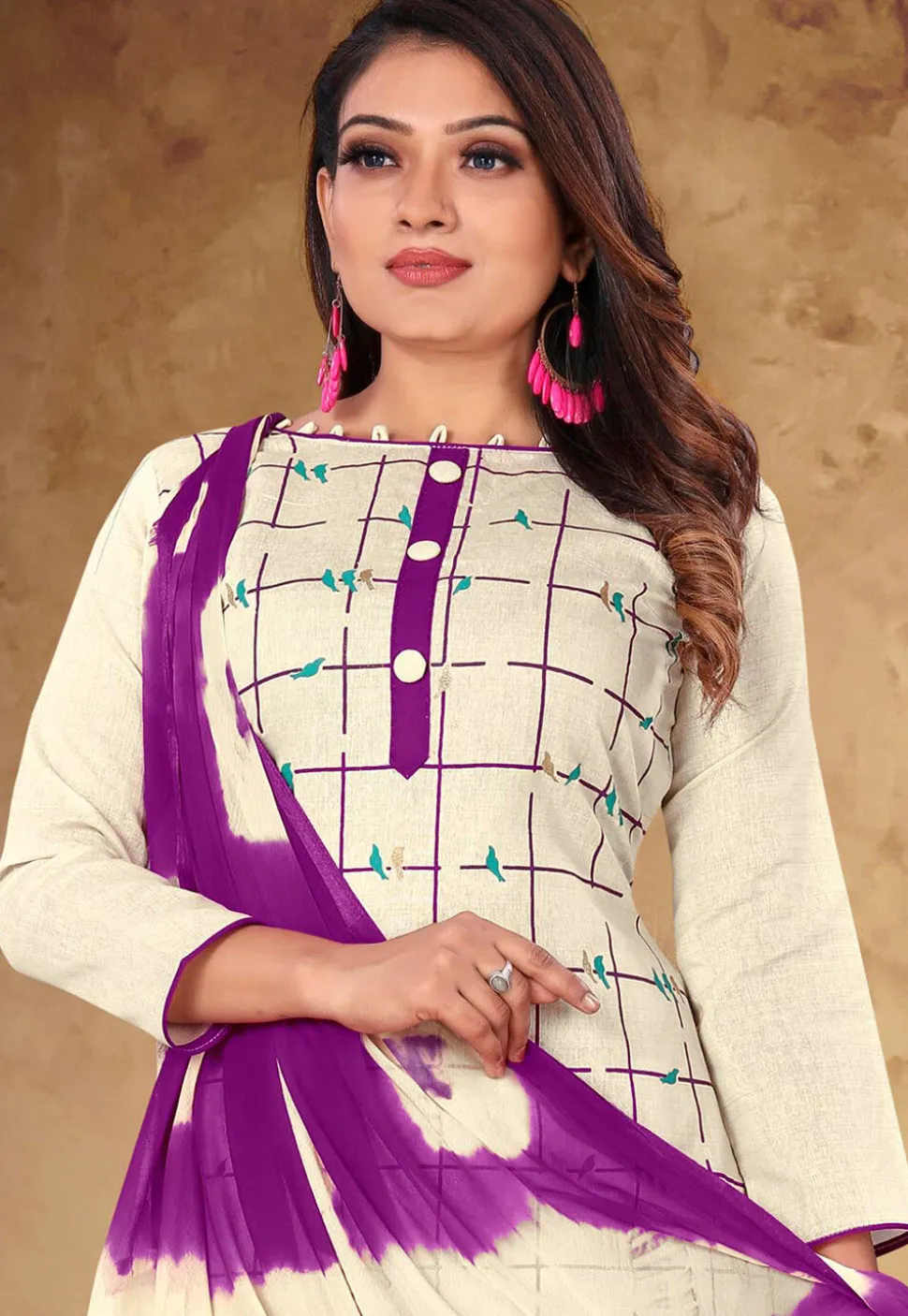 Printed Cotton Pakistani Suit in Off White