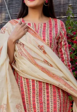 Printed Cotton Pakistani Suit in Pink and Beige