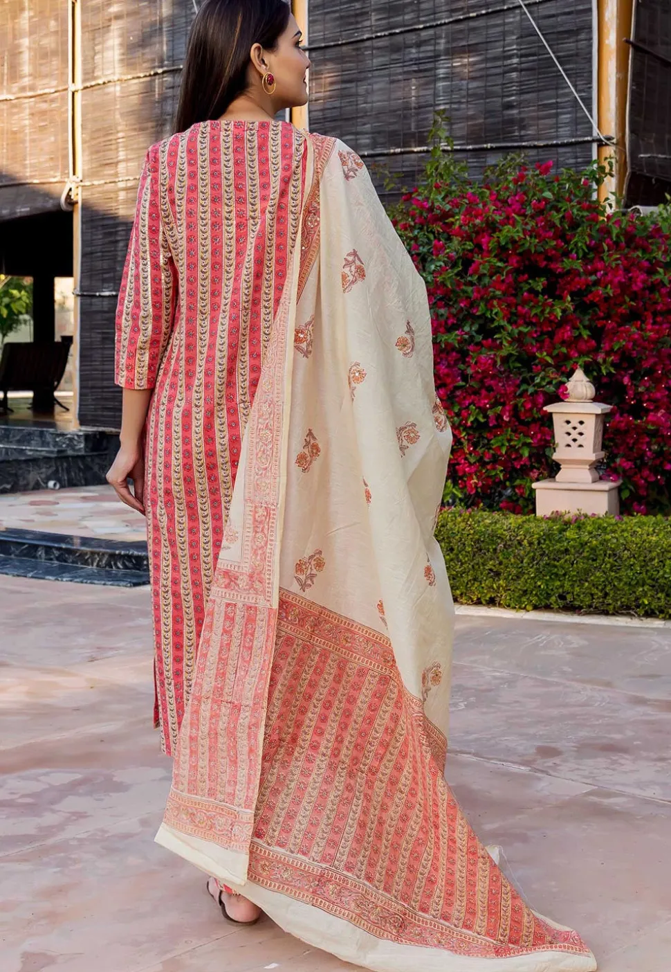Printed Cotton Pakistani Suit in Pink and Beige