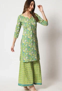 Printed Cotton Pakistani Suit in Light Green