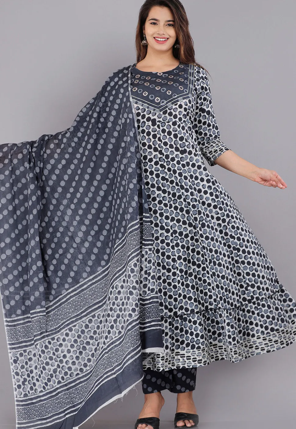 Printed Cotton Pakistani Suit in Grey and Off White