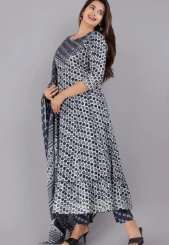 Printed Cotton Pakistani Suit in Grey and Off White