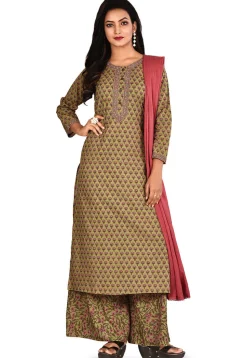 Printed Cotton Pakistani Suit in Olive Green