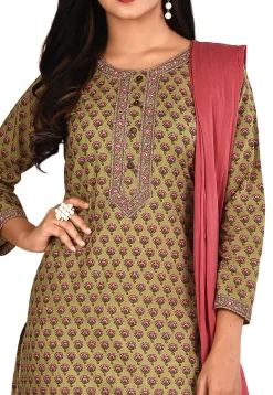 Printed Cotton Pakistani Suit in Olive Green