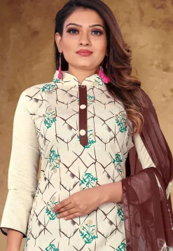 Printed Cotton Pakistani Suit in Off White