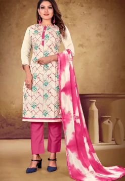 Printed Cotton Pakistani Suit in Off White