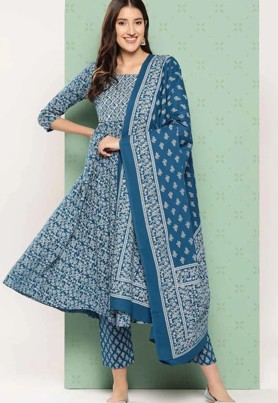 Printed Cotton Pakistani Suit in Teal Blue