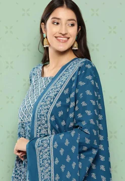 Printed Cotton Pakistani Suit in Teal Blue