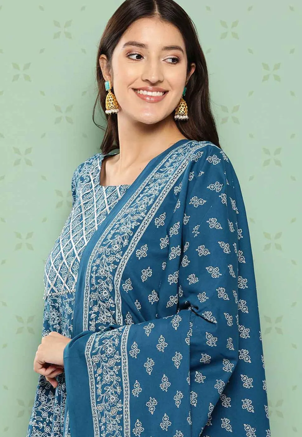 Printed Cotton Pakistani Suit in Teal Blue