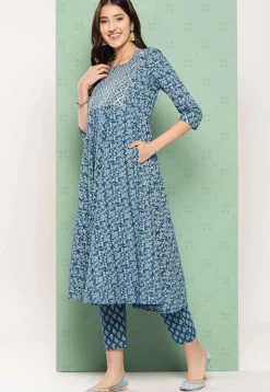 Printed Cotton Pakistani Suit in Teal Blue