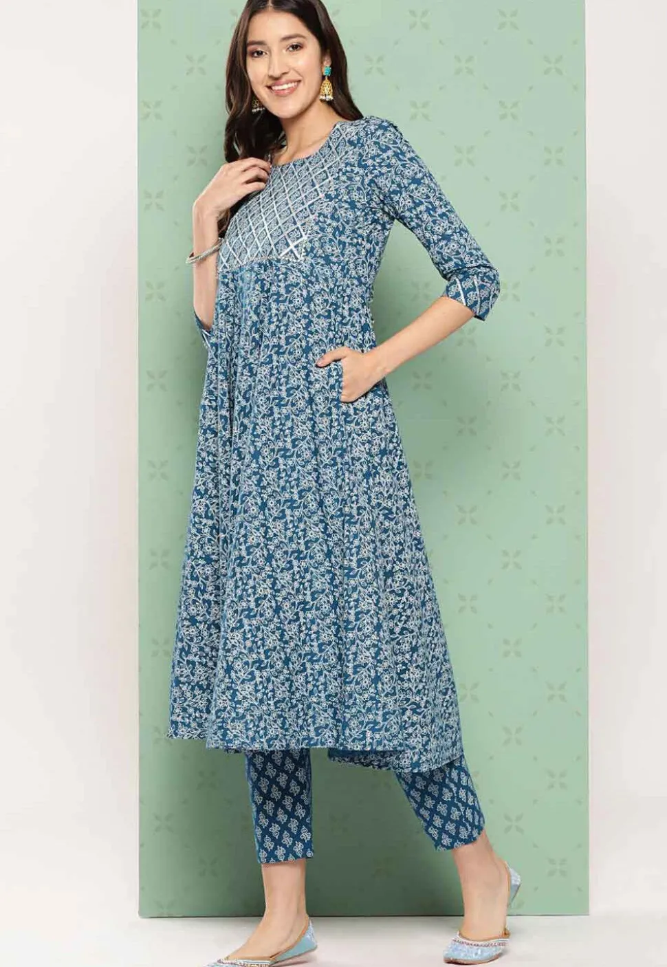 Printed Cotton Pakistani Suit in Teal Blue
