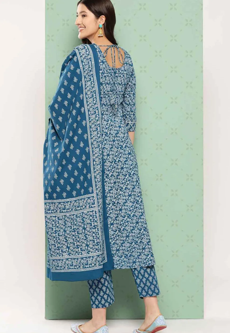 Printed Cotton Pakistani Suit in Teal Blue